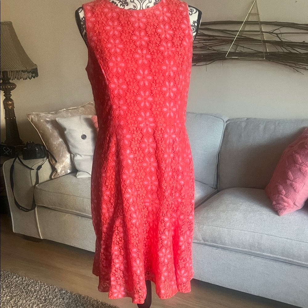 Nine West Vibrant Coral Lace Midi Dress